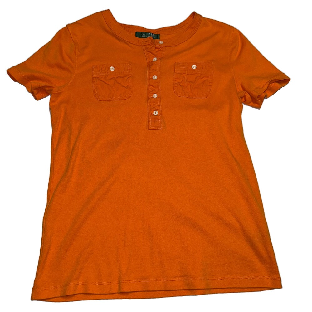 Lauren Ralph Lauren Women’s Orange Henley T-Shirt Size M Short Sleeve Pocket Top